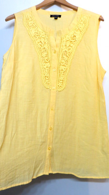 Notations Shirt Womens XL Yellow Button Up Sleeveless Tank Crochet Accent Top