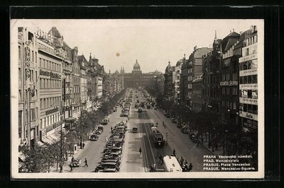 Prag, Wenzelsplatz mit Strassenbahnen, Ansichtskarte 1942 