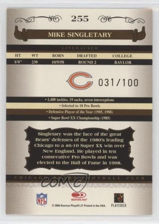 2006 Donruss Classics Legend Timeless Tributes /100 Mike Singletary #255 HOF - Image 2 of 2
