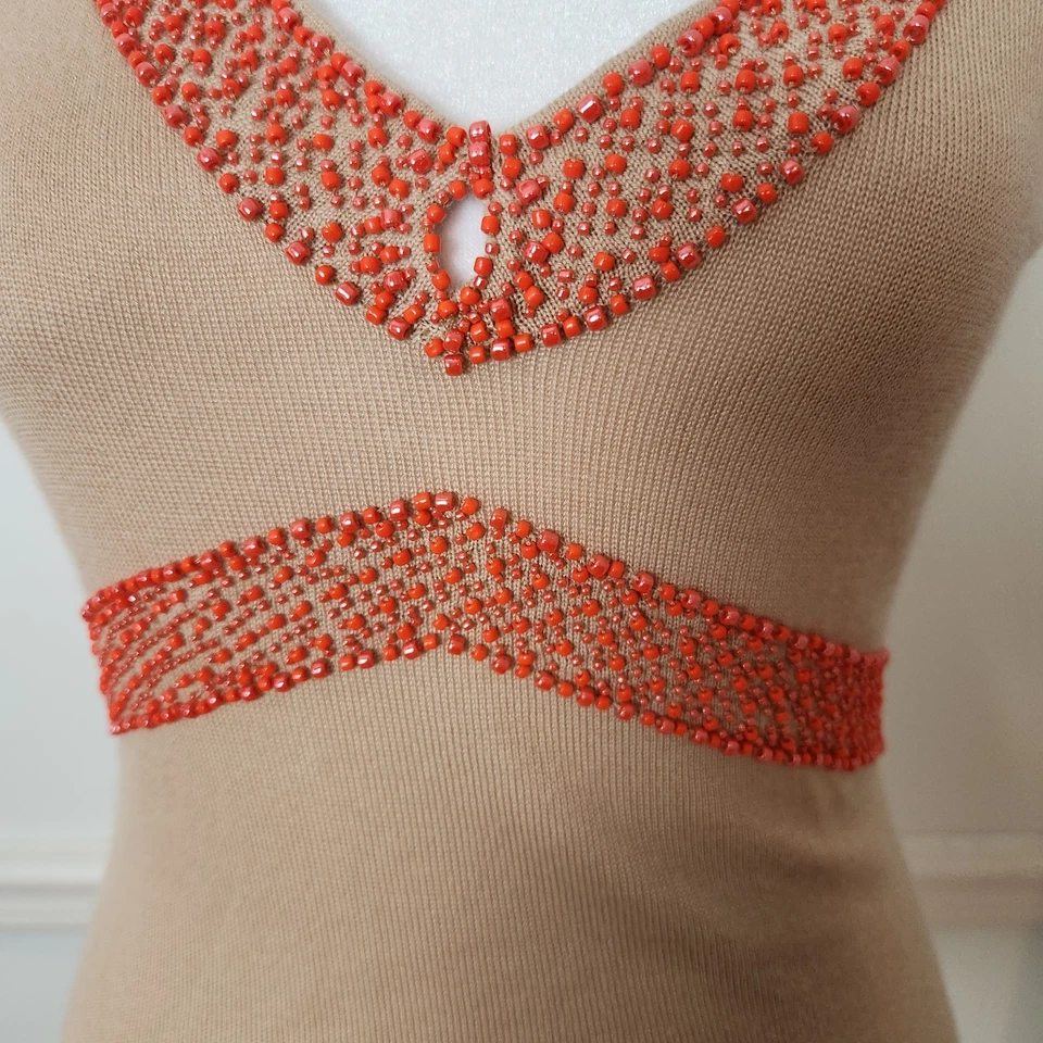 New Vtg Y2K Saks Fifth Avenue Cashmere Sweater Tank Top XS Womens Bead Boho Tan - Image 3 of 4