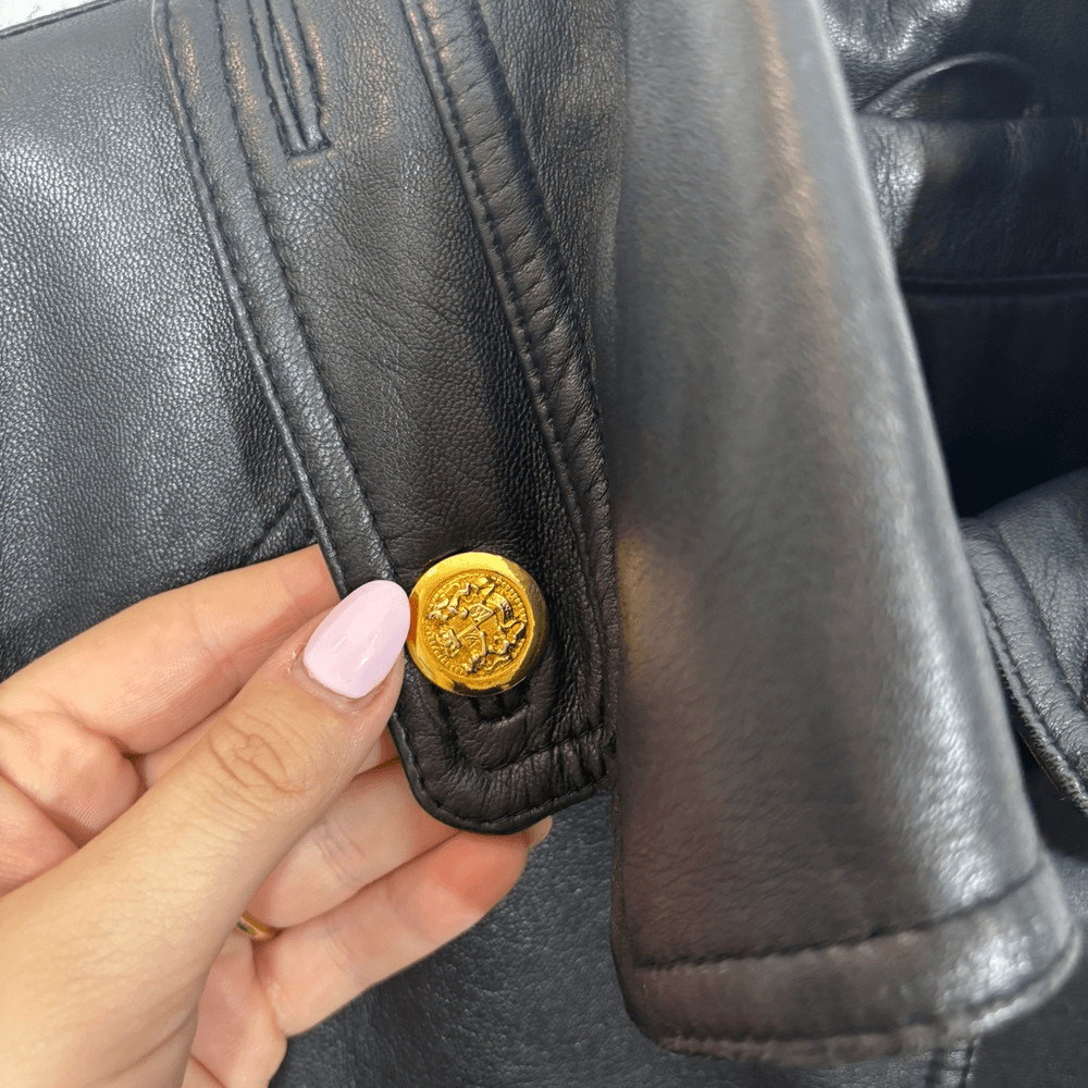 Givenchy Black Leather Coat XXL gold button closure thumbnail 9