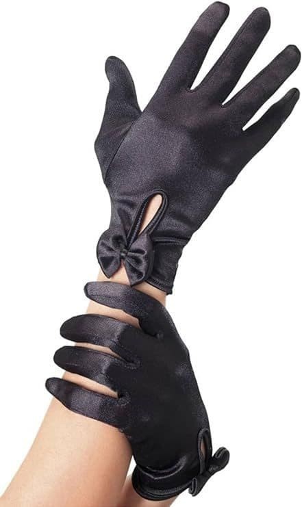 Ladies Black Satin Gloves Short Bow Ladies Fancy Dress Costume Accessory
