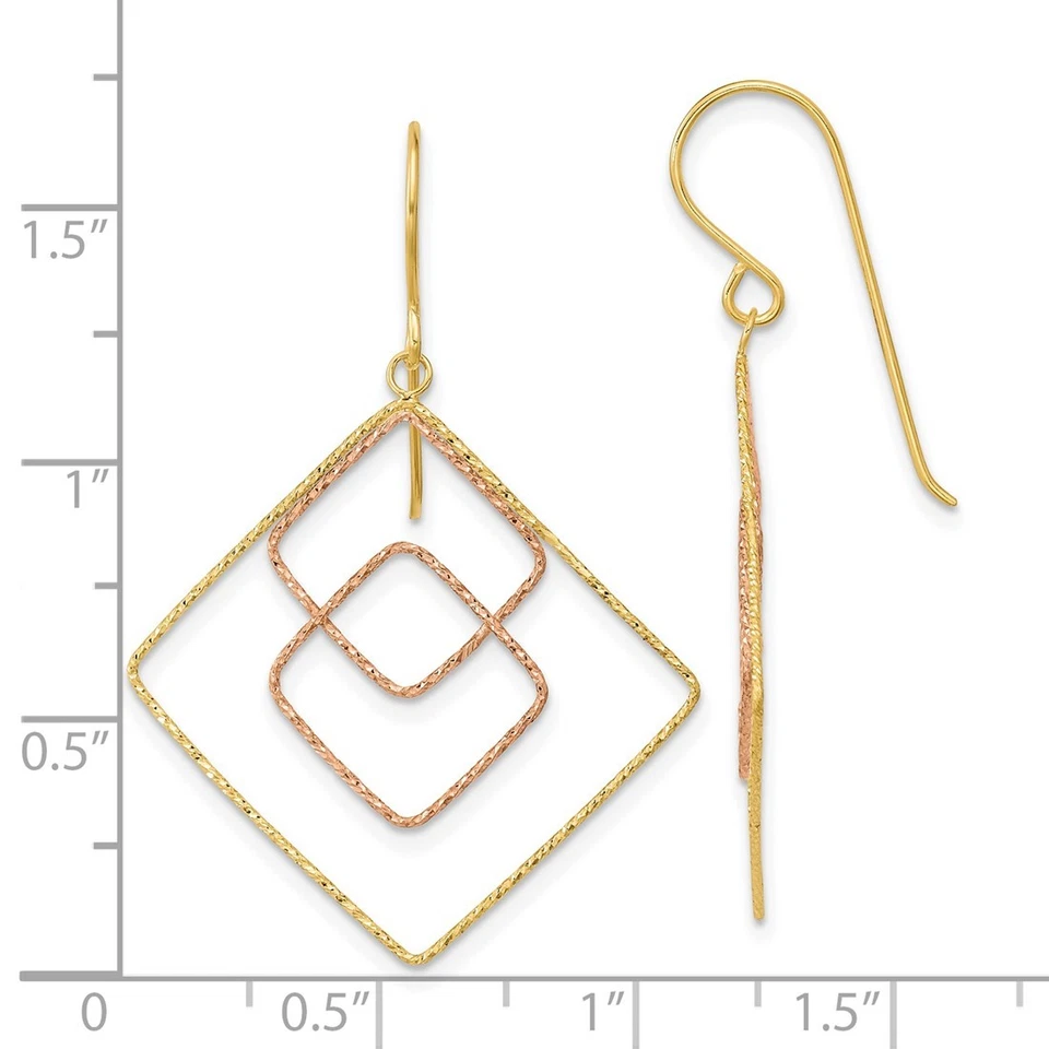 14k Two-Tone Gold 41mm Diamond-cut Graduated Square Shepherd Hook Earrings - Image 3 of 4