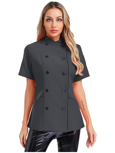 Women Jacket Contrast Color Coat Baking Tops Bakery Short Sleeve Soft Chef Cafe - Picture 77 of 95