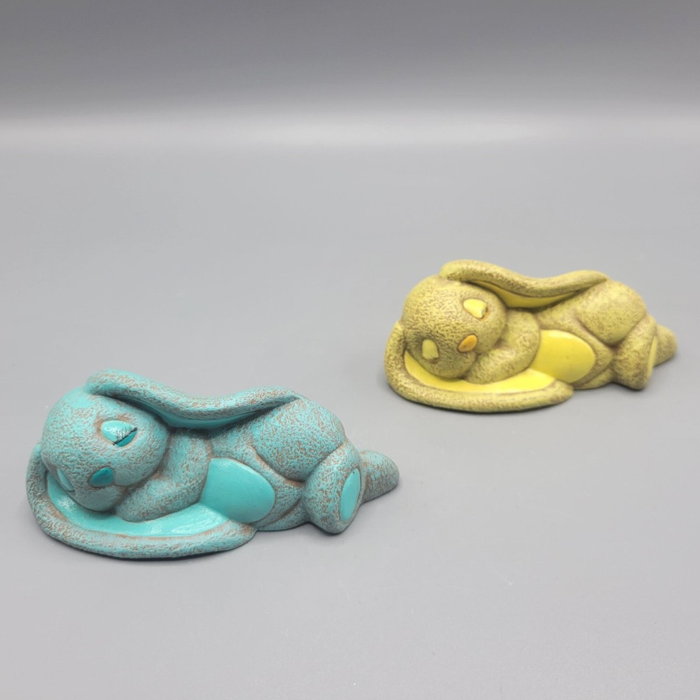 Vtg 1992 Sleeping Bunny Ceramic Figurines Set Of 2 In Turquoise & Yellow