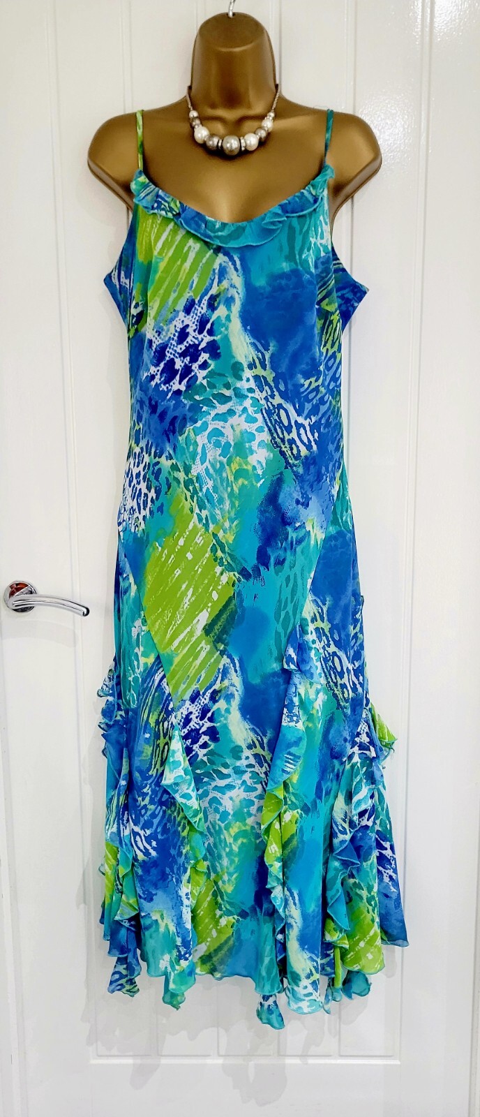 PER UNA size 16 L bright blue green floaty frill chiffon fit flare