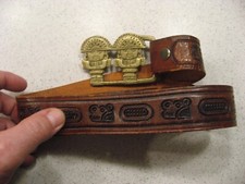 Vtg Aztec Mayan Inca God Brass Belt Buckle and Leather Belt with Aztec Symbols