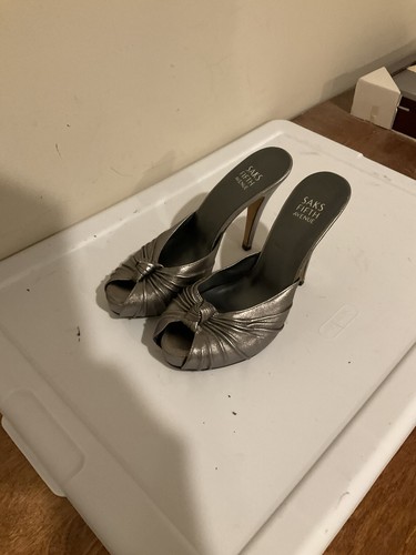 Saks Fifth Ave Leather Heel Stiletto Mule Pewter Silver Size 7.5 M Holiday Party - Picture 2 of 18