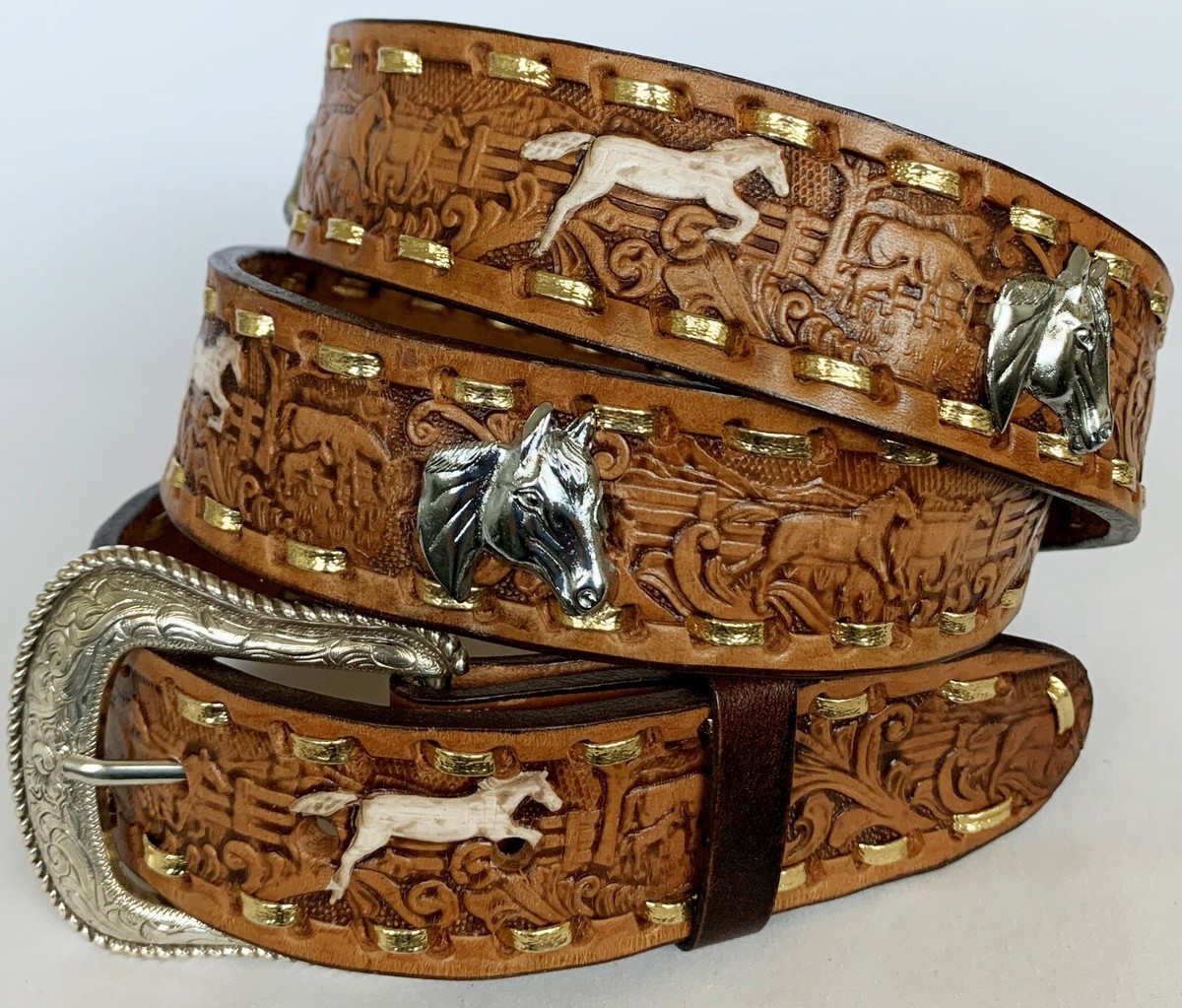 WESTERN BELTS 46 Brown Leather Horsehead Conchos Embossed 