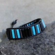 Men's Turquoise Riverstone Hemalyke and Blackstone Beaded Leather Wrap Bracelet