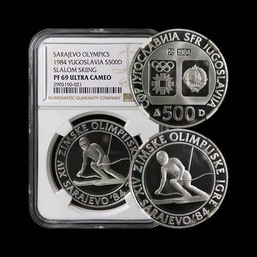 YUGOSLAVIA. 1984, 500 Dinara, Silver - NGC PF69 - Top Pop 🥇 Slalom Skiing