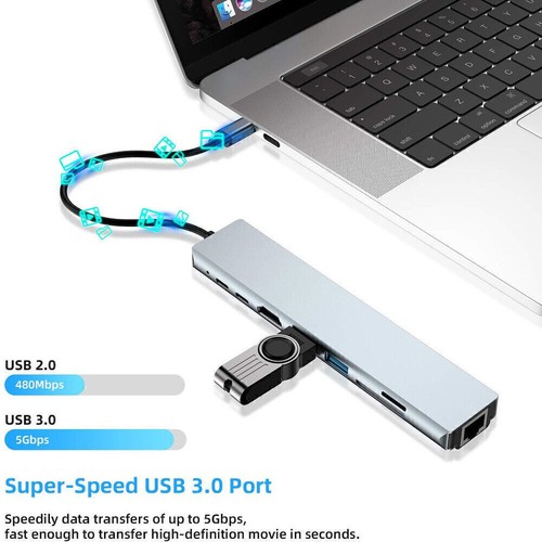 8 in 1 USB C Hub MacBook Pro Type C 4K HDMI Thunderbolt 3 Adapter Dock Power SD - Picture 5 of 12