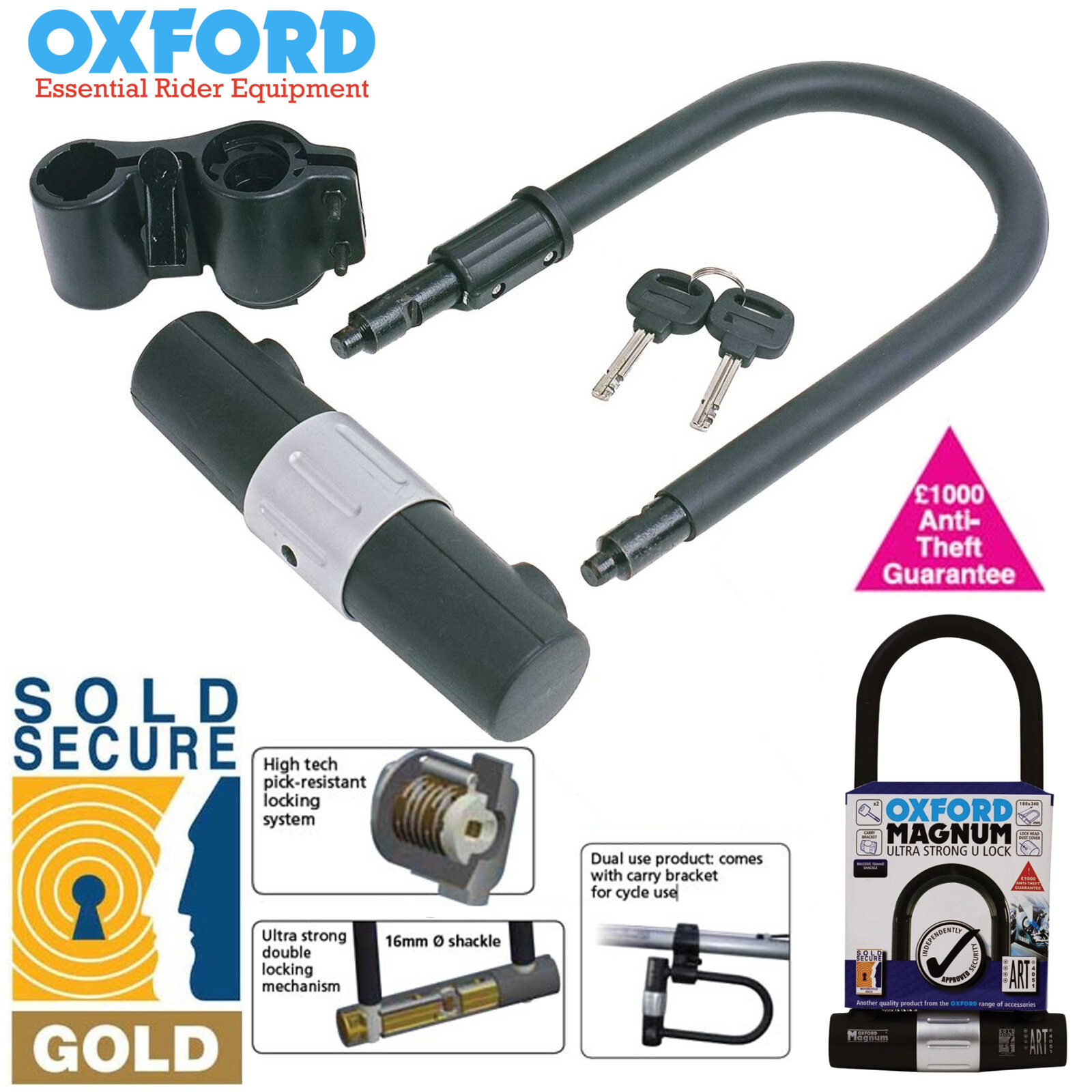 OXFORD Antivol en U Magnum avec support 177 x 340 mm - Cadenas U pour la moto | /fr