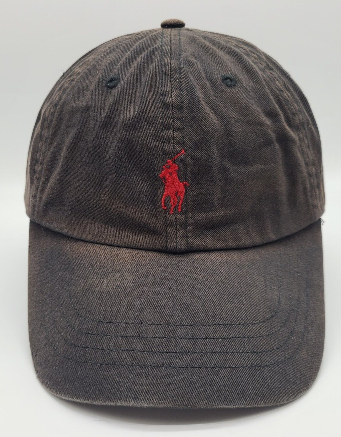 Cappello Polo Ralph Lauren Sbiadito Distressed Nero Cinghia Regolabile Schiena Papà Rosso Pony