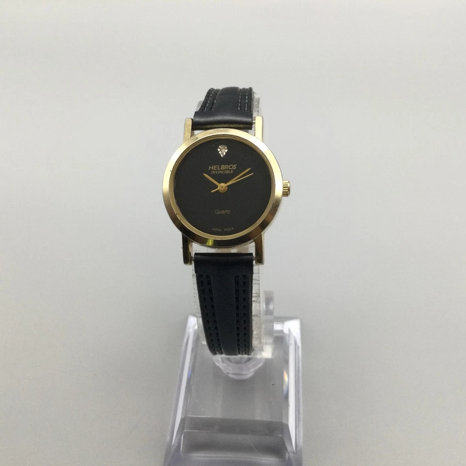 Reloj Helbros Invincible Mujer 25mm Tono Dorado Esfera Negra Correa Cuero Batería Nueva Foto 2 de 4