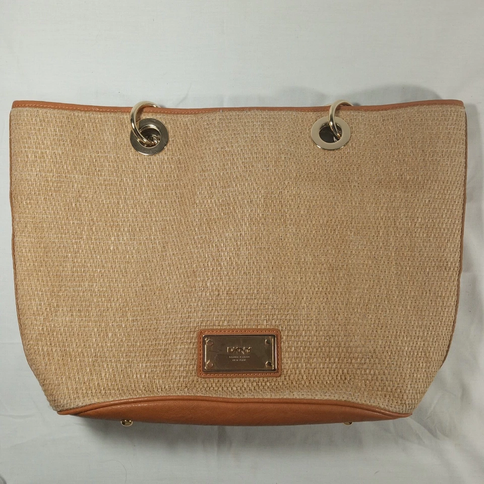 DKNY Straw Satchel Purse Signature Logo - Gold Chain Accents - Woven Fiber - Image 2 of 4