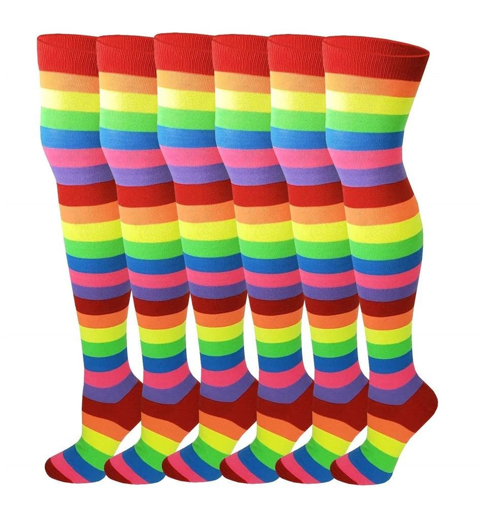 6 Pairs Pack Women Neon Rainbow Wide Stripes Thigh High Over the Knee Socks