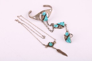 Sterling Silver Turquoise Navajo Connected Ring/Bracelet Necklace x2 38.60