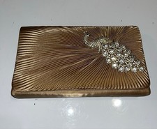 Gold Pleated Satin Evening Clutch Purse Rhinestone Peacock Chain Strap