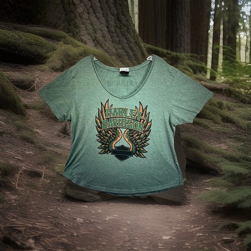 Damen 2XL Harley Davidson T-Shirt Salbeigrün Doppelseitig Super Dünn & Leicht
