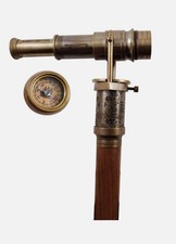 Vintage Brass Telescope Top Wood Walking Stick Cane Compass Antique Gift Parents