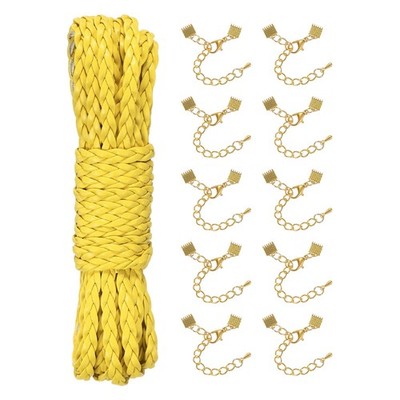 Braided Leather Cord 5mm 5.47 Yards, with 10 Gold Ribbon Crimp Ends, Yellow