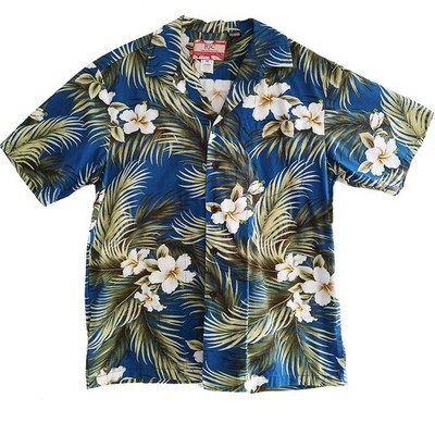 Vintage RJC Men's Size M USA Made Blue White Green 100% Cotton Hawaiian Shirt