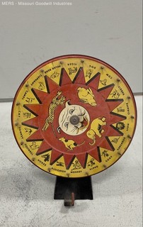 Vintage Tin Litho Animal Carnival Game Wheel Toy Mid Century Graphic Unsigned