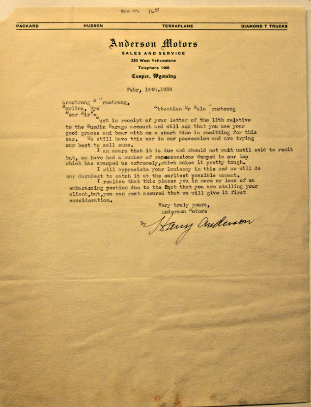 1938 8.5" x 11" letter from ANDERSON MOTORS, Casper, WY. HUDSON, PACKARD  dealer