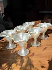 Vintage Italian Iridescent Glass Sundae Dish Set of 6 Pearl White Pedestal Bowls