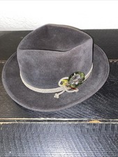 VTG Barbisio Italian Dark Brown Rabbit Fur Felt Fedora Hat & Band & 2Pewter Pins