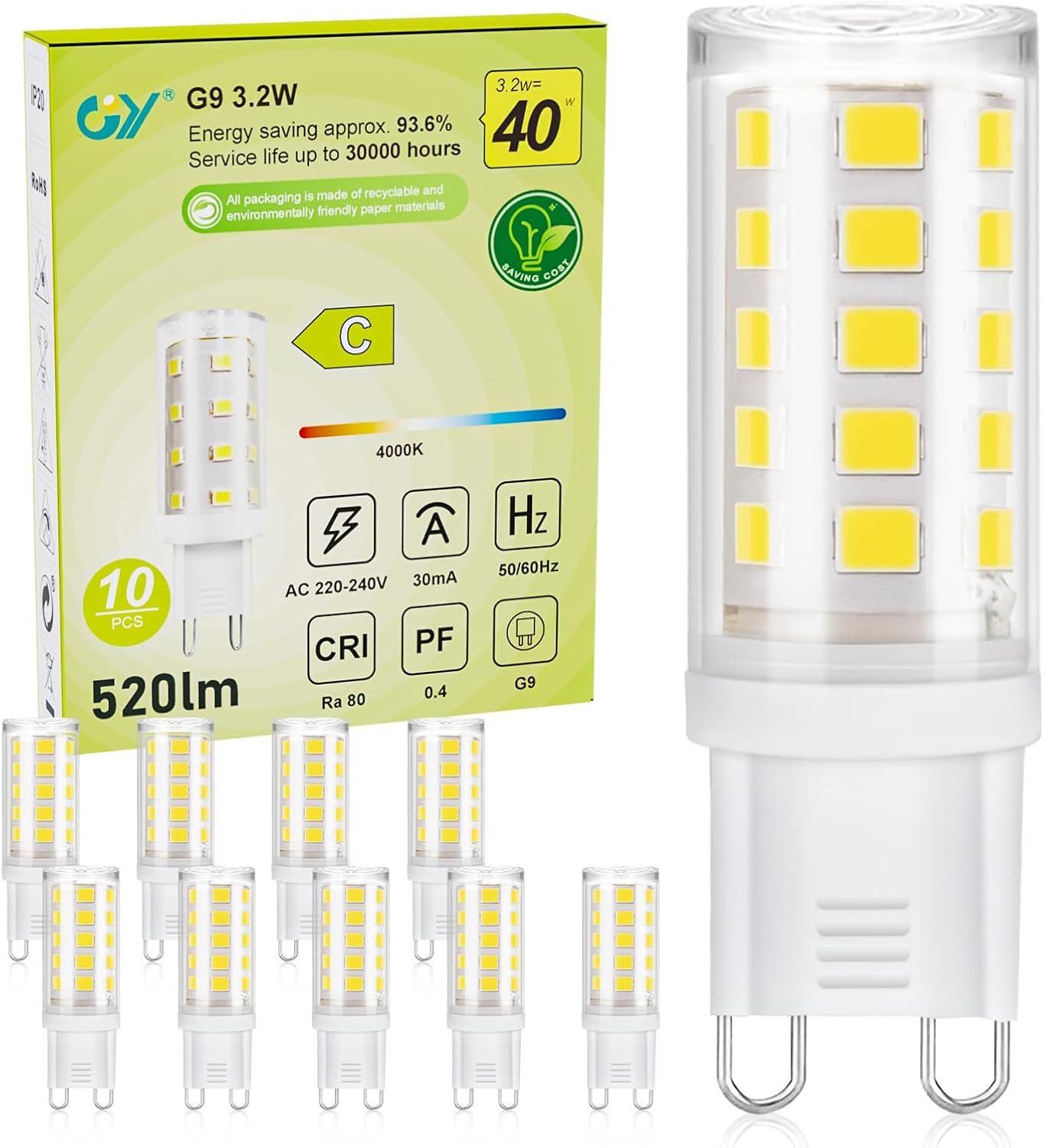 Lampadine LED G9, 3.2W Equivalente 40W, 520 Lumen, 4000K Luce Naturale, Attacco 