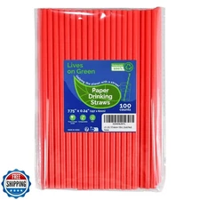 Lives on Green Disposable 7.75 inch Solid Red Paper Straws 100 Counts for Dri