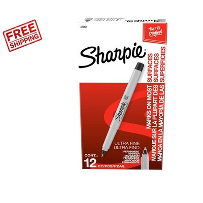 Black Permanent Markers - Ultra Fine Tip, Quick Dry, Water Resistant, 12 Pack