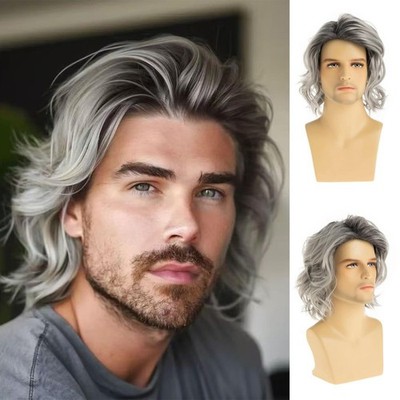 Ombre Gray Medium Long Side Part Layered Fluffy Synthetic Wig for Men