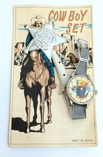 Vintage Cowboy Western Toy Set Watch & Badge on Card