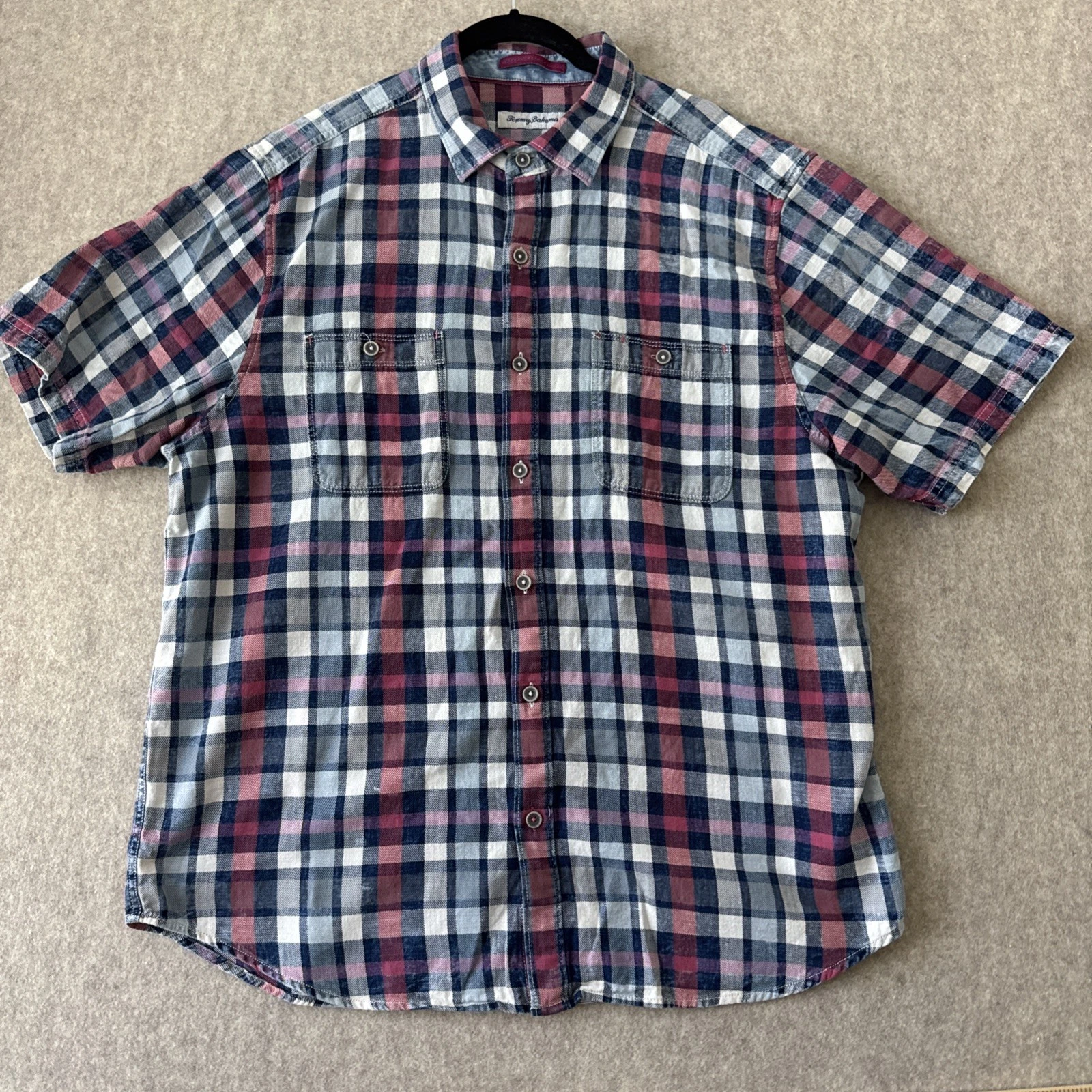 Tommy Bahama Button Up Shirt Mens L Short Sleeve Check Plaid Cotton
