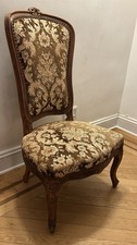 French Louis XV Style Carved Wood Upholstered Side Chair Vintage Damask