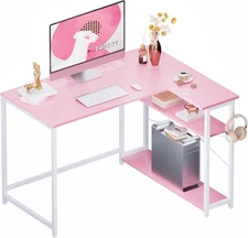 43 Inch L Shaped Computer Desk with Reversible Side Storage Shelves,Small Corner