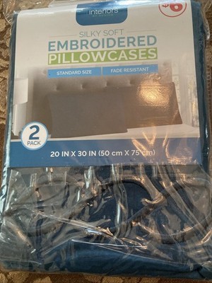 Interiors Design VTG Set of 2 Embroidered Pillowcases Standard Size TEAL~ NIP.