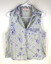 Oscar de la Renta Pink Label Top Sz Med Floral Satin Sheer Button Pajama Tank