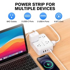 Power Strip, Flat Plug Extension Cord with 8 Outlets 4 USB Ports 2 USB C 6.5Ft
