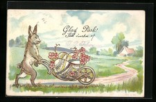 Coniglietto pasquale spinge un carro uovo di Pasqua, cartolina 