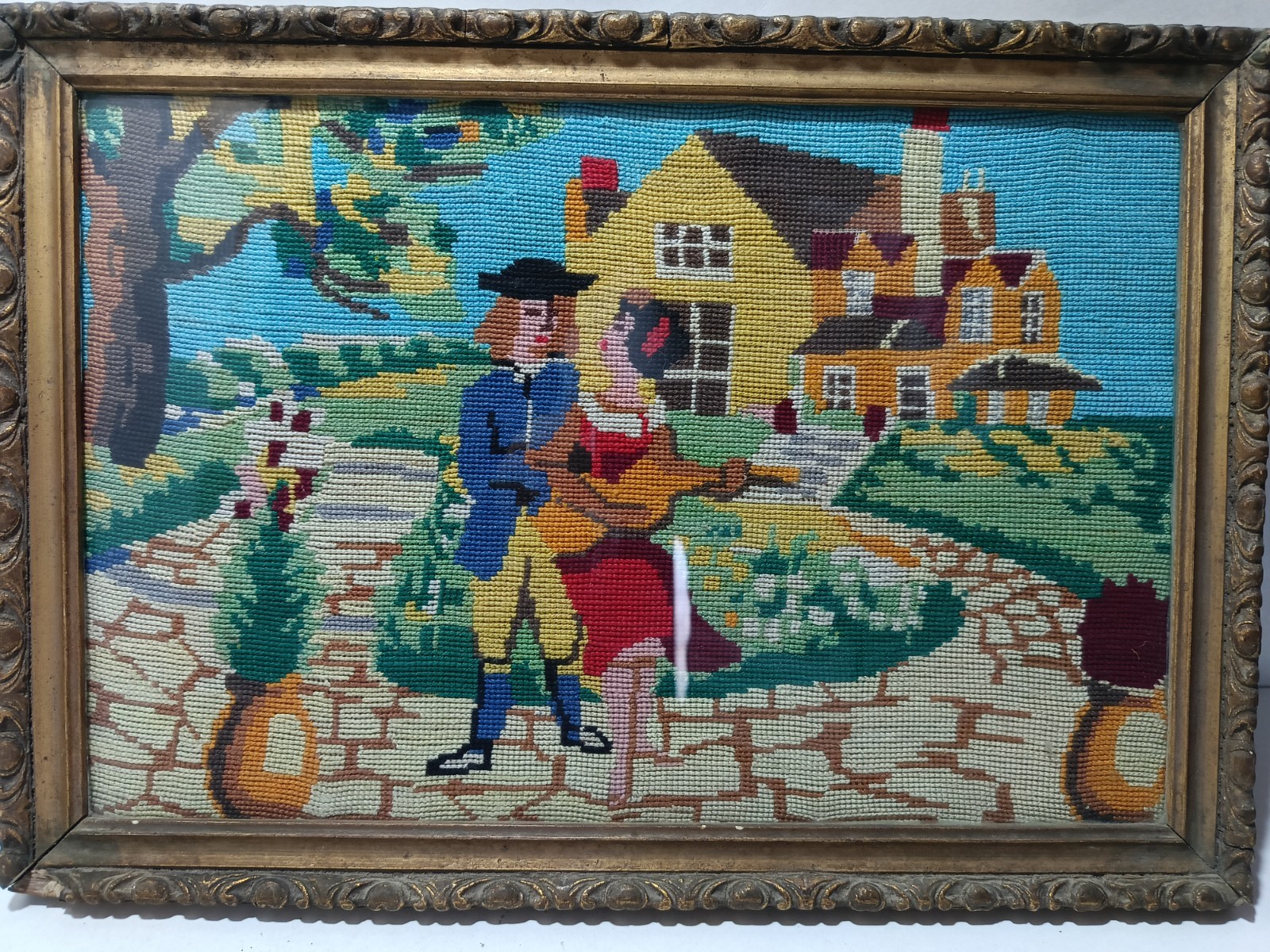Antique Gold Framed Handmade Needlepoint Girl And Boy  Scene 30 cm ×42 cm.