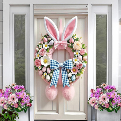 Easter Bunny Wreath Door Cover Banner Backdrop Large Fabric Easter Decor for