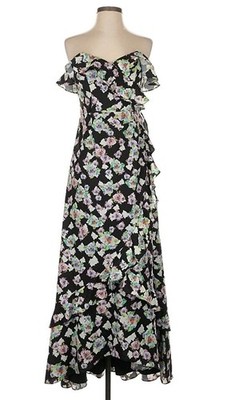 Aidan Aidan Mattox Strapless Floral Maxi Dress Sz US 4 Black Hi-Low Ruffle (V1