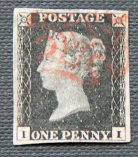 GB QV 1840 1d penny black. Clear red maltese cross 4 good margins II letters