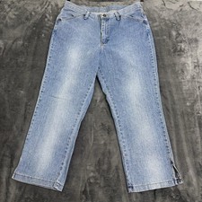 Lee By Riders Size 14 M Light Blue Wash Hi Rise Capris Ankle Slit Crop Stretch