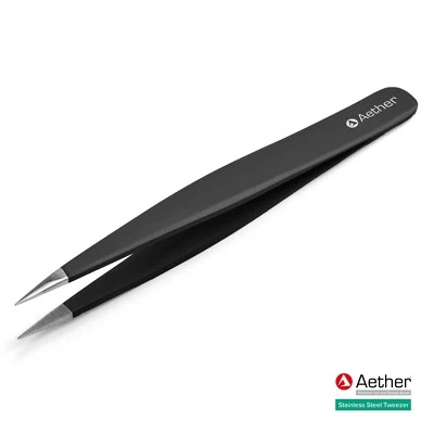 Aether® Tweezer Stainless Steel Eyebrow Hair Pluckers Black Pointed Flat Slanted