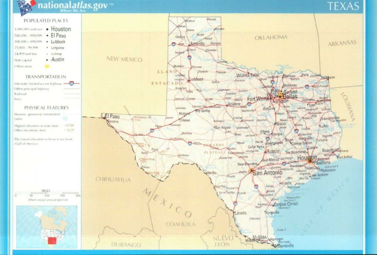 Map of Texas, Houston, Dallas, El Paso, Austin, Gulf of Mexico etc
